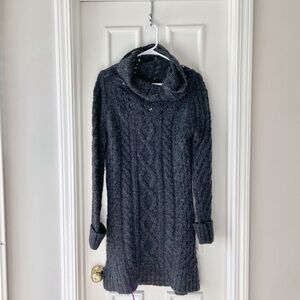 Free People Women’s Grey Funnel Button Neck Cable Knit Tunic Sweater